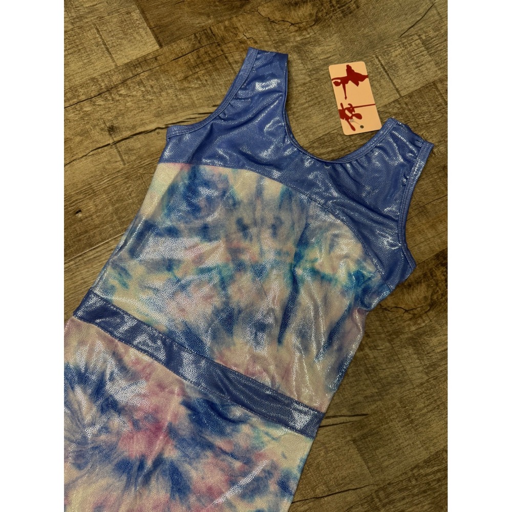 Girls Blue Tie Dye Metallic Gymnastics Leotard Biketard Unitard Size 150 NEW